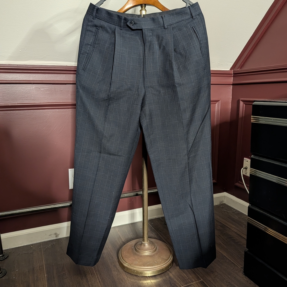 Corneliani Dark Gray Check Pattern Made In Italy Merino Wool Dress Pants